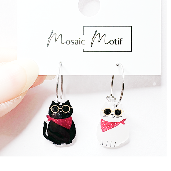 Xmas Christmas hoop earrings - Black and White Cat