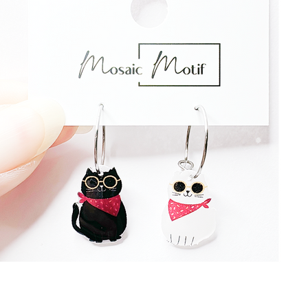Xmas Christmas hoop earrings - Black and White Cat