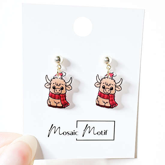 Xmas Christmas dangle earrings - Highland Cow