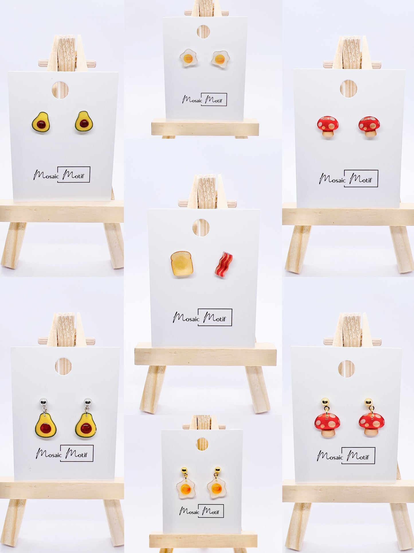 Breakfast earrings stud (toast, bacon, egg, mushroom, avocado)