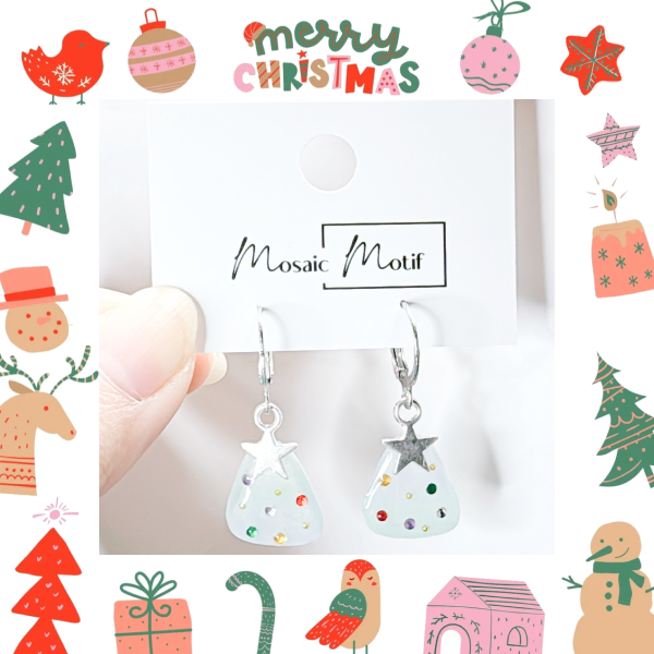 Xmas Christmas hoop earrings - tree cutie (Colourful stone)