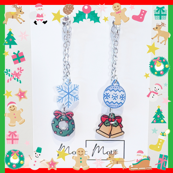 Xmas Christmas dangle earrings - 2in1 double dangle earrings (snowflake, xmas bell, wreath, ornament)