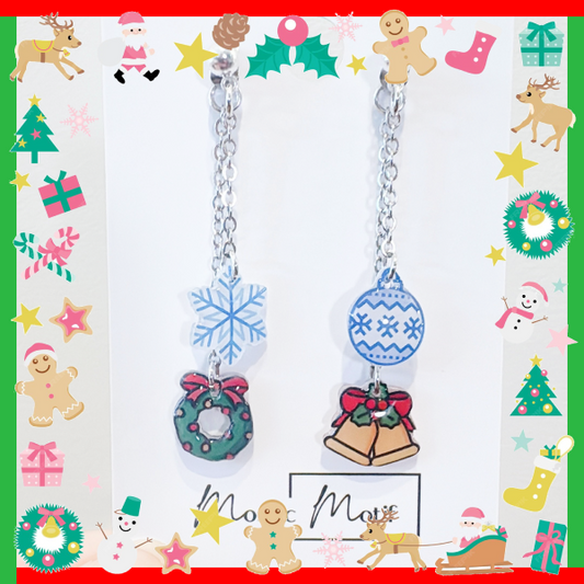 Xmas Christmas dangle earrings - 2in1 double dangle earrings (snowflake, xmas bell, wreath, ornament)