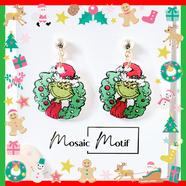 Xmas Christmas dangle earrings - Grinchy Wreath dangle