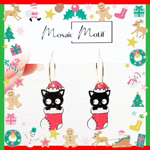 Xmas Christmas hoop earrings - Black Cat Sock