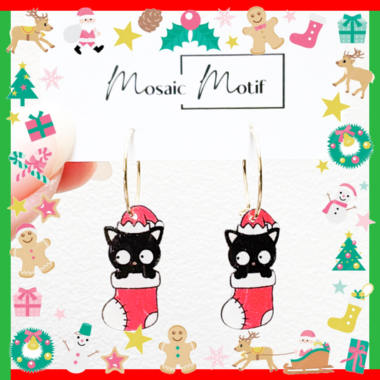 Xmas Christmas hoop earrings - Black Cat Sock