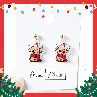 Xmas Christmas dangle earrings - Highland Cow