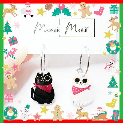 Xmas Christmas hoop earrings - Black and White Cat