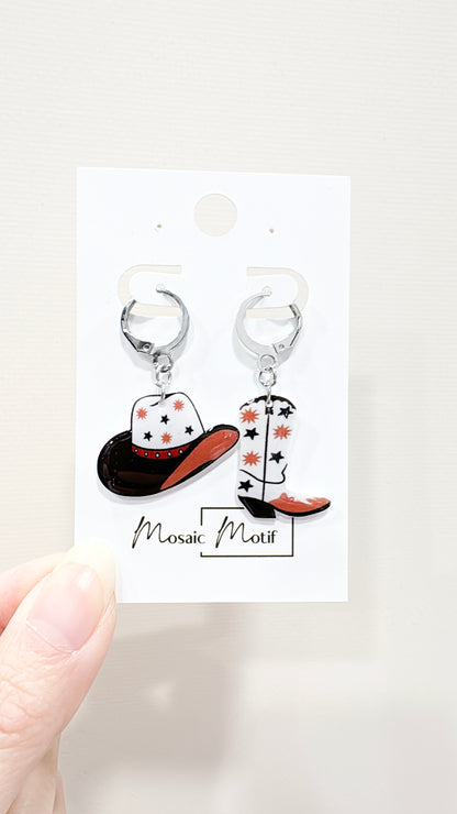 Cowboy boots and hats dangle earrings