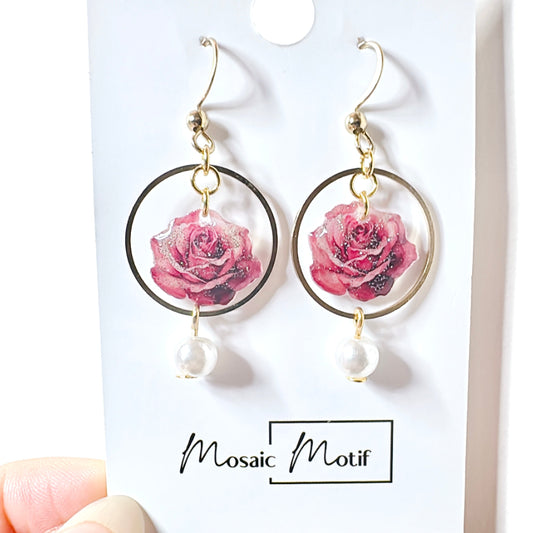 Rose pearl dangle earrings