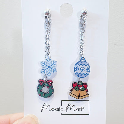 Xmas Christmas dangle earrings - 2in1 double dangle earrings (snowflake, xmas bell, wreath, ornament)