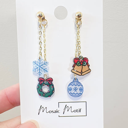 Xmas Christmas dangle earrings - 2in1 double dangle earrings (snowflake, xmas bell, wreath, ornament)