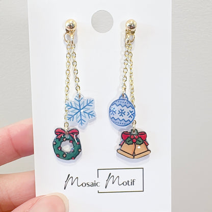 Xmas Christmas dangle earrings - 2in1 double dangle earrings (snowflake, xmas bell, wreath, ornament)