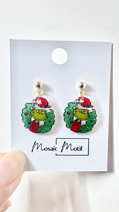 Xmas Christmas dangle earrings - Grinchy Wreath dangle