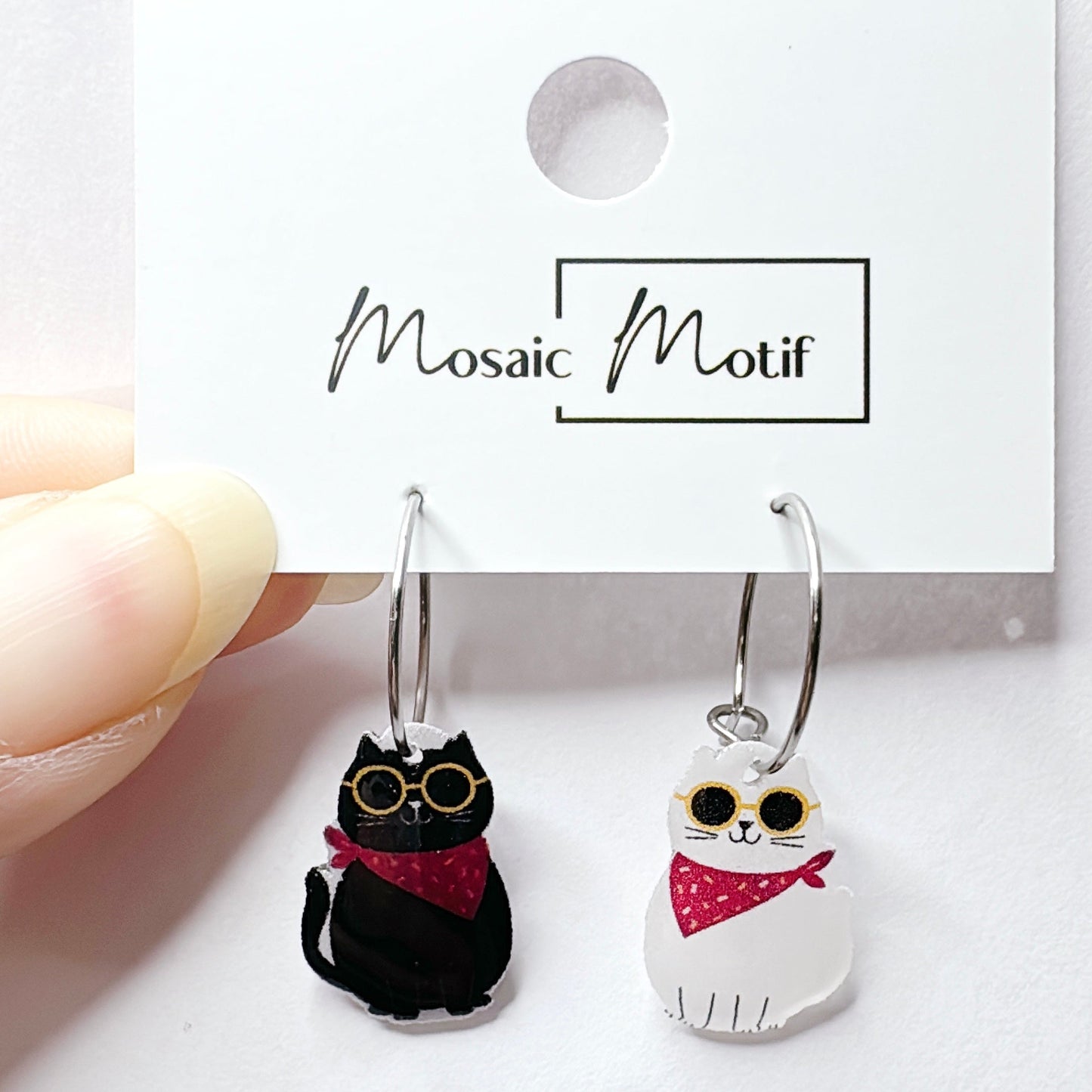 Cat earrings - B&W Glasses Cat Hoop