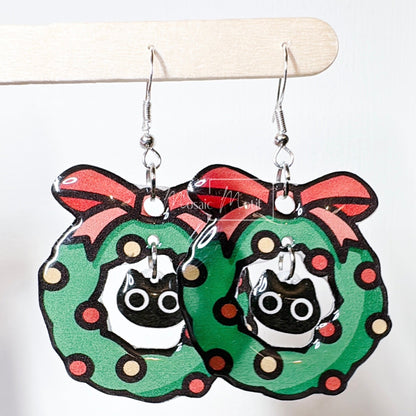 Xmas Christmas dangle earrings - Cat Wreath dangle