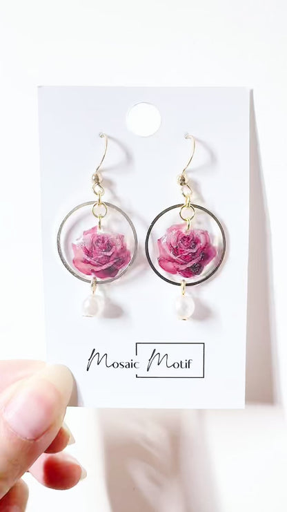 Rose pearl dangle earrings