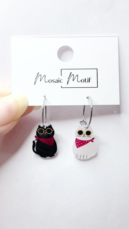 Cat earrings - B&W Glasses Cat Hoop