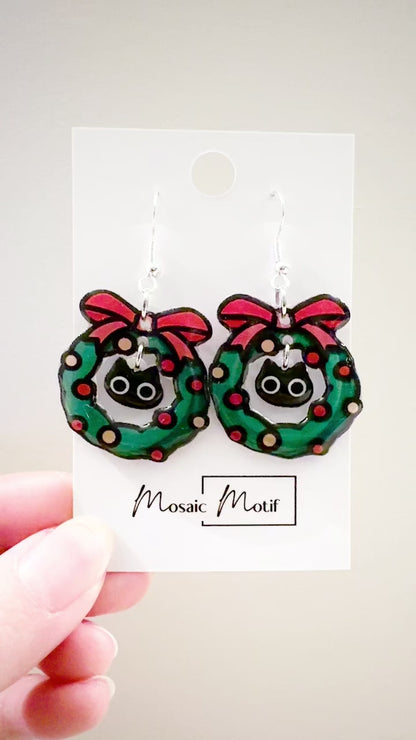 Xmas Christmas dangle earrings - Cat Wreath dangle